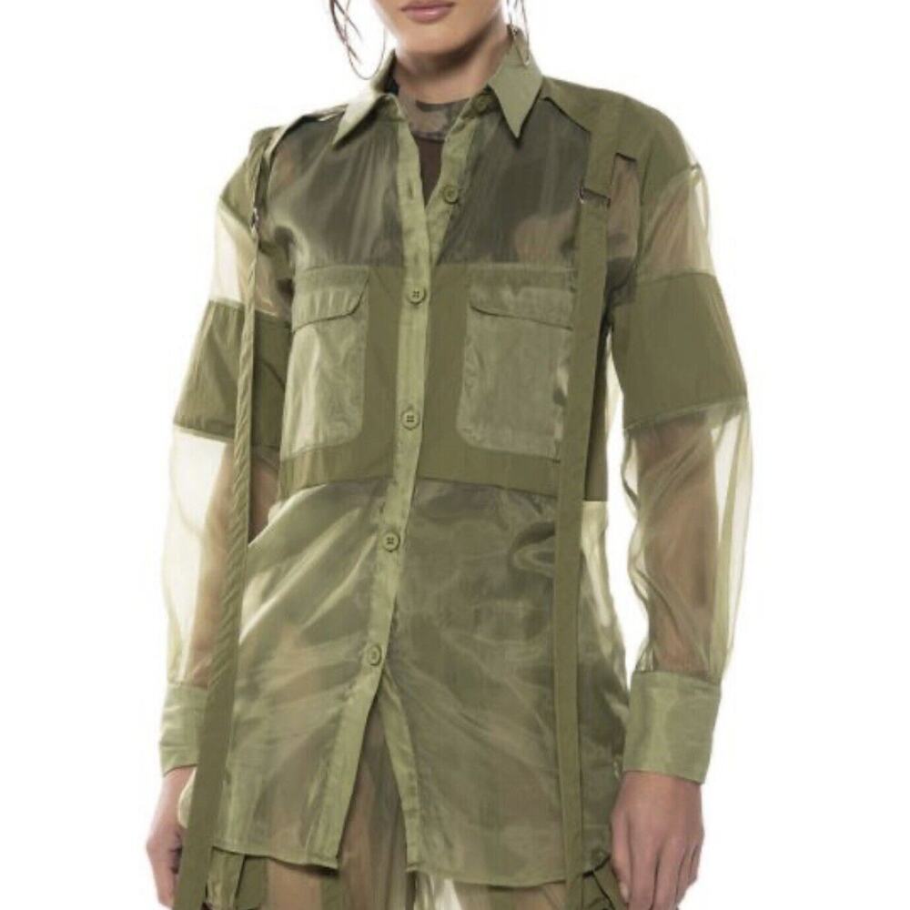 AKIRA Olive Green Sheer Button-Up Blouse